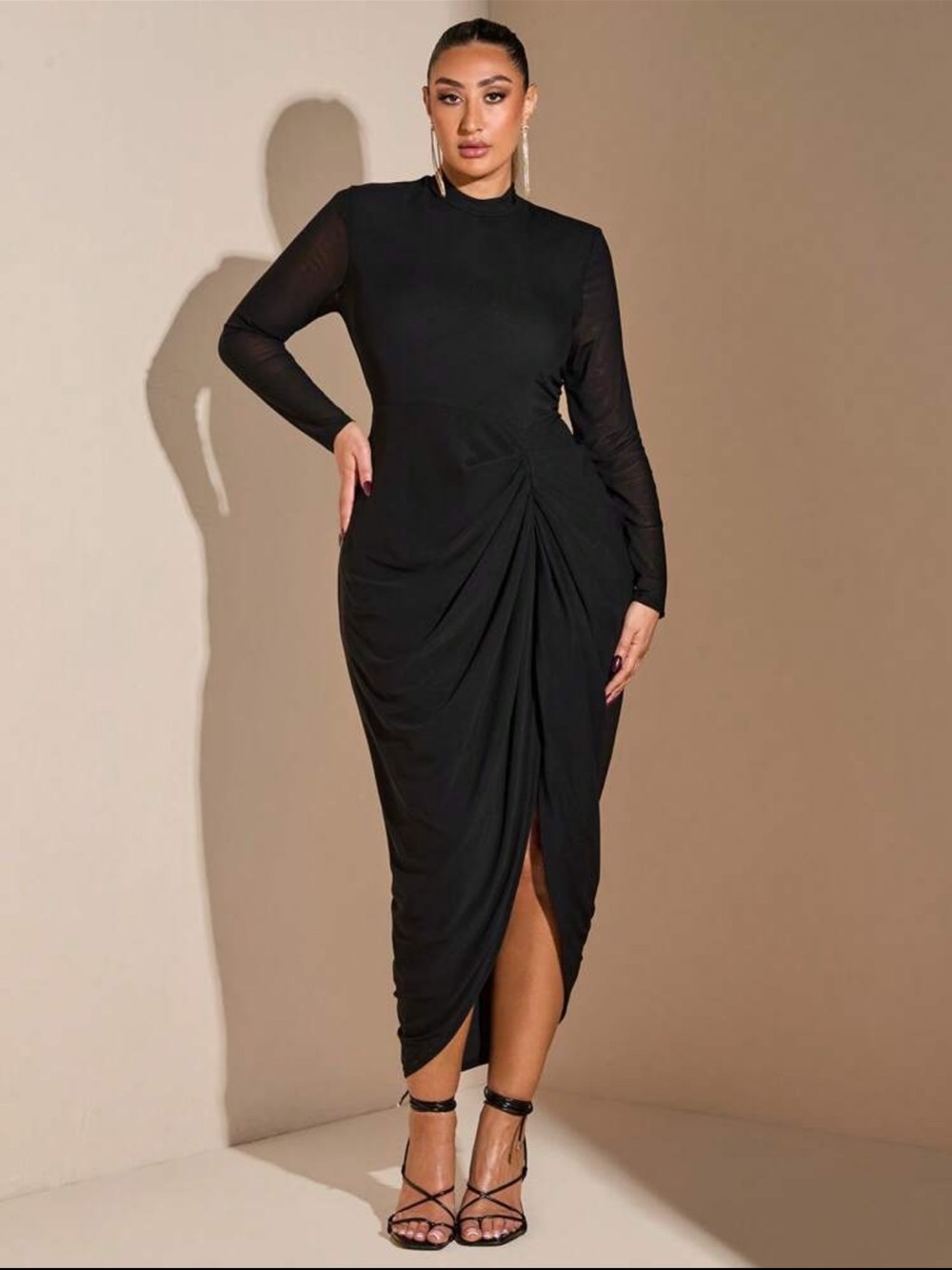 Women plus Size Black Long-Sleeve Draped Midi Dress 2XL BNWOT